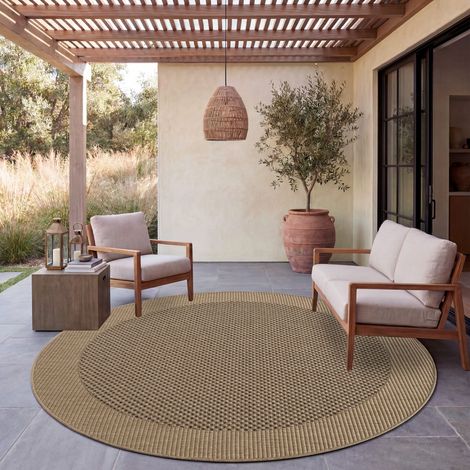 Paco Home Tapis Exterieur Terrasse Balcon Tapis Cuisine Avec Bordure Aspect Sisal Uni Beige 200 cm rond