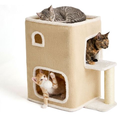2-Storey Cat House with Sisal Post & Toys - Beige (1/5)