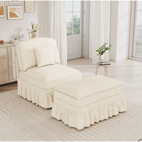 Divano cloud in chenille con gonna arricciata rimovibile, gambe a fuso, pouf mobile, bianco (1/5)