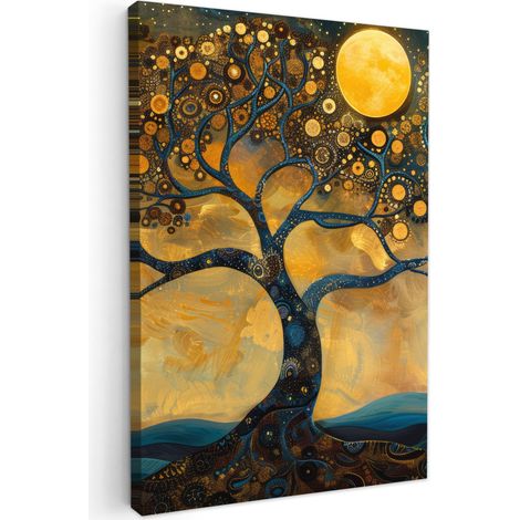 CUADRO EN LIENZO Árbol - Luna - Flores - Oro - Arte Cuadros Grande 80x120 cm