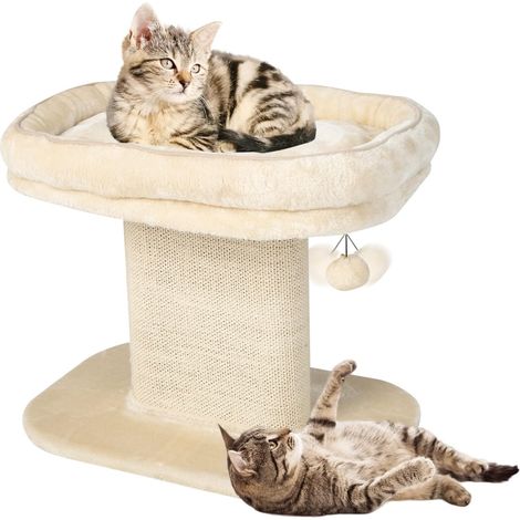 COSTWAY Kratzbaum 50cm, mit weicher Plüschsitzfläche & Sisal-Kratzsaeule & Ball, Katzenbaum, Katzenkratzbaum Holz, Kletterbaum Beige (1/5)