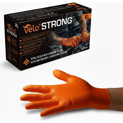 VELO „XL“ STRONG – Nitrilhandschuhe mit Diamantstruktur, Orange STRONG, 50er-Packung