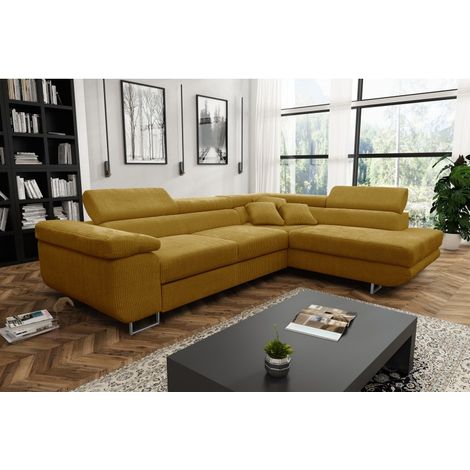 Tendencio – Canapé d'angle convertible ANTONI – Velours côtelé – Angle droit – Jaune – Grand confort pour salon moderne