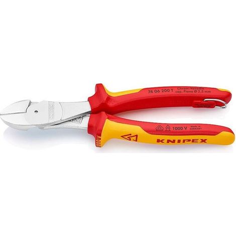 KNIPEX 74 06 200 T Tronchese laterale per meccanica tipo "forte" isolati con manici rivestiti in materiale bicomponente, collaudati VDE cromata