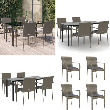Set comedor jardín 5 pzas y cojines ratán sintético negro gris - Sillas de jardín - Mesa de jardín