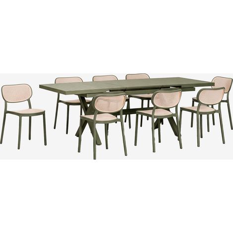 Set de mesa rectangular 180-240x90 cm extensible en aluminio Karena y 8 sillas de comedor apilables en polipropileno Omara SKLUM (1/5)