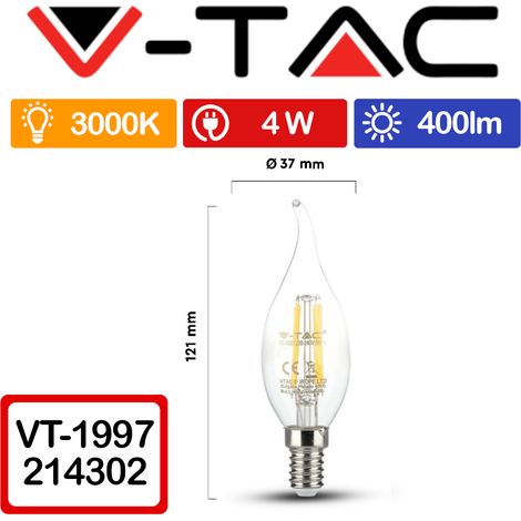 V-TAC VT-1997 Lampadina LED E14 4W Candela a Fiamma a Filamento Bianco caldo - 3000K (1/5)