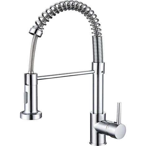 Rubinetto da cucina Spring, miscelatore per lavello girevole a 360°, doccetta estraibile, argento.