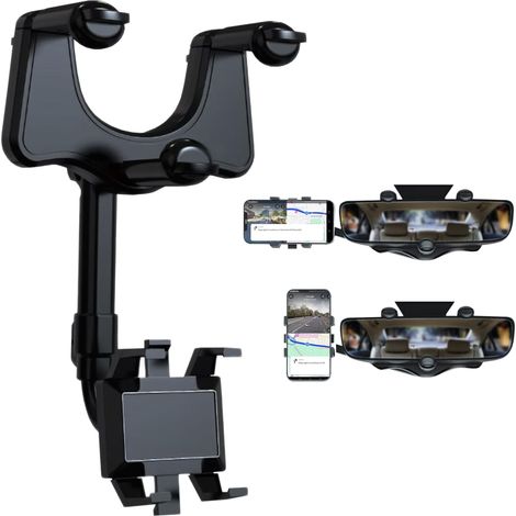 Soporte para teléfono de coche, soporte para teléfono de coche para espejo retrovisor, giratorio 360° y retráctil, soporte para teléfono estable mejorado con 4 clips para navegación GPS. (1/5)