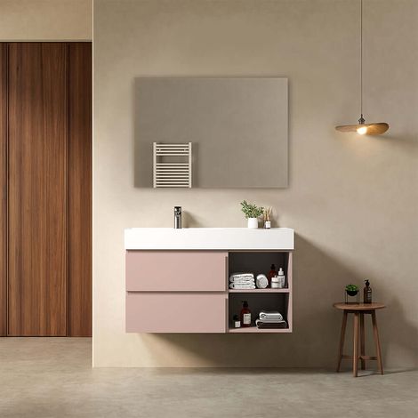 Mobile bagno sospeso 100 cm Rosa Retro Lavabo a Sinistra in Resina Specchio Quadro - Fiji Paint Plus (1/4)