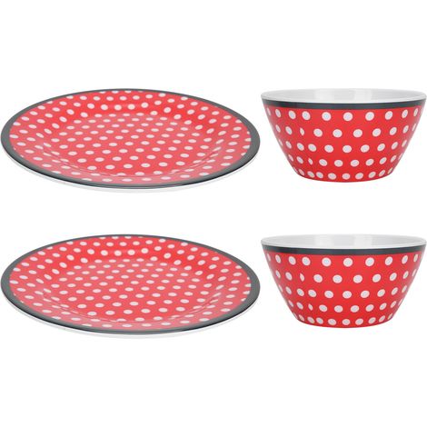 Ensemble de 4 assiettes à salade à pois rouges, imitation porcelaine, pour fruits, gâteaux et autres aliments. Vaisselle de cuisine. (1/5)