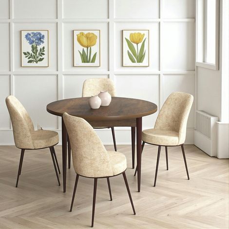 Ensemble table ronde Ø90 cm + 4 chaises beiges à motifs AROLA (1/4)