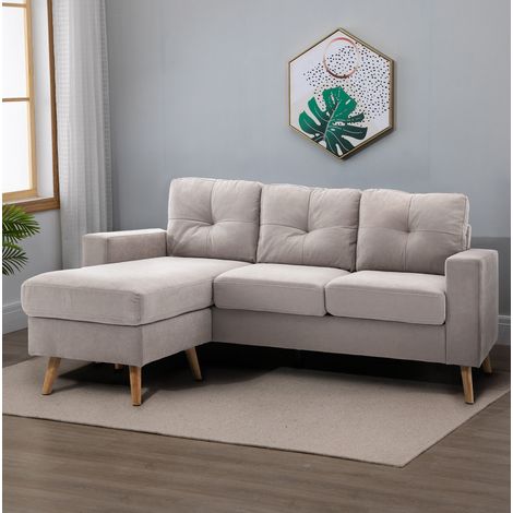 REDOM sofá esquinero 193x136x85 cm, 3 plazas con chaise longue reversible, acolchado suave, lino gris claro (1/5)