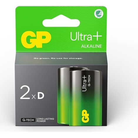 GP - Ultra Plus Alkaline D-batteri, 13A/LR20, 2-pack