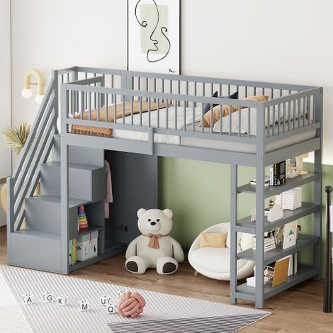Lit mezzanine - lit 90x200 cm avec barrière de sécurité, penderie, étagères et rangement - en bois - gris - sans matelas (1/5)