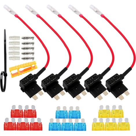 Lot de 5 porte-fusibles - 12 V/24 V - Moyen - Circuit complémentaire - Porte-fusible de voiture - Adaptateur plat avec 15 fusibles à lame standard (1/5)
