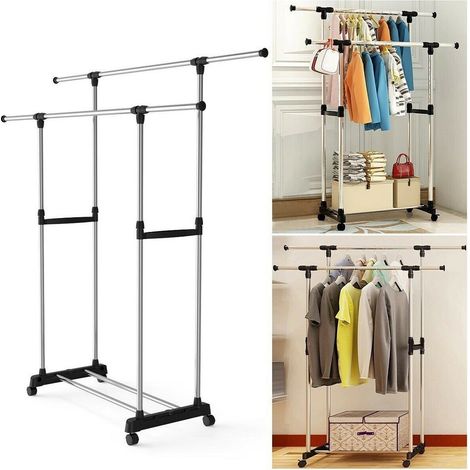 TRADE SHOP - Stand Appendiabiti Regolabile Telescopico Con Ruote Organizer Abiti Doppio - (1/2)