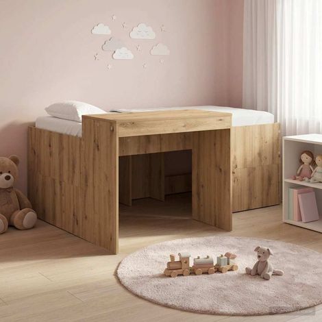 Cama alta para niños con escritorio Roble Artesanal
