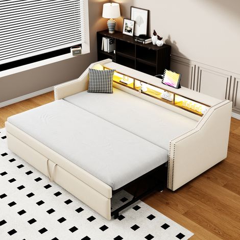 Canapé-lit convertible 90/180 x 190 cm, compartiment de rangement multifonctionnel, éclairage LED et ports USB, beige (1/5)