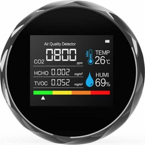 Détecteur de gaz CO2 multifonctionnel, y compris CO2 / TVOC / HCHO / température / humidité analyseur d’air de batterie pour bureau à domicile, 5-en-1, noir CO2 / TVOC / HCHO / température / humidité,