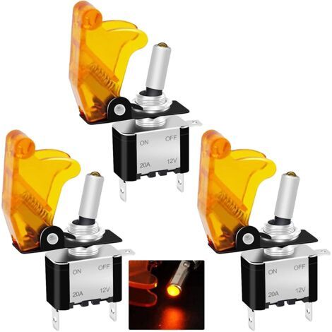Packung mit 3 SPST Ein/Aus-Kippschaltern 12V 20A hohe Belastbarkeit für Rennwagen, mit gelber LED, 3 Pins und wasserdichter Schutzabdeckung (ASW-07DYYMZ). (1/5)