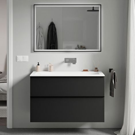 Badmöbel Unterschrank Bernstein LAVOA 80cm mit Mineralgussbecken CREAM Badmöbel: Schwarz matt, Metallgriff: Anthrazit matt, Waschbecken: Weiß matt ohne Hahnloch