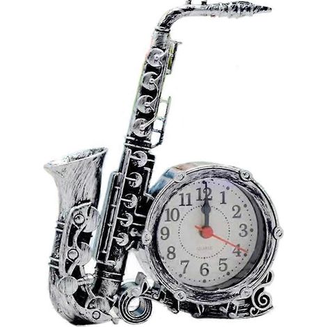 Réveil à piles style saxophone rétro, objet de décoration de bureau original, argenté. (1/4)