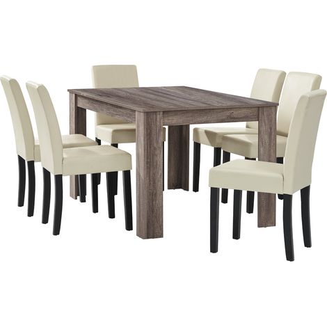 Mesa de comedor antigua de roble con 6 sillas tapizadas en piel sintética color crema 140x90 cm 030004071