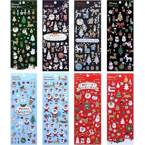 Autocollants Noël, Kit de 8 Feuilles Gommettes Fenetre Noël, Décoration Stickers Brillant Loisir Créatif DIY pour Enfant Scrapbooking Cadeau (1/5)