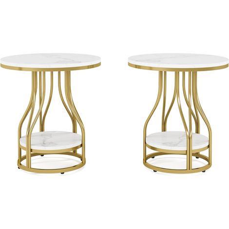 Tribesigns Beistelltisch Rund Weißgold Beistelltisch 2er Set, 2-stöckiger Beistelltisch Modern Nachttisch Kleiner Beistelltisch mit Stauraum Sofa Beistelltisch mit Metallgestell für Wohnzimmer (1/5)