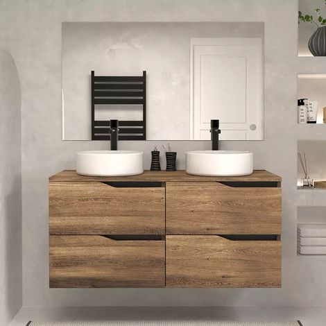 Meuble de salle de bain 120 avec plateau et 2 vasques à poser - 4 tiroirs - tabaco (bois foncé) - LUNA (1/5)