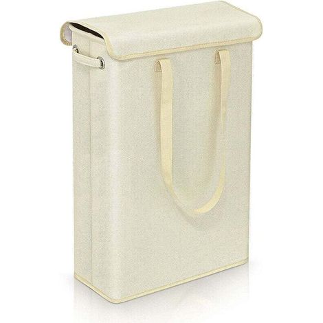 Foldable Laundry Basket with Lid Narrow and Compact Storage Beige (1/4)