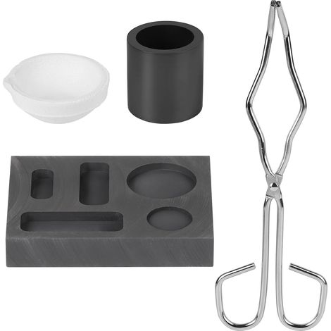 4 Pièces Kit de Fusion de Graphite, Creuset Fonderie Graphite Kit, Creuset + Pince + Cuvette + Moule Combiné, Lingotière Ensemble pour Alliages de Platine, or, Argent et Laiton (1/5)