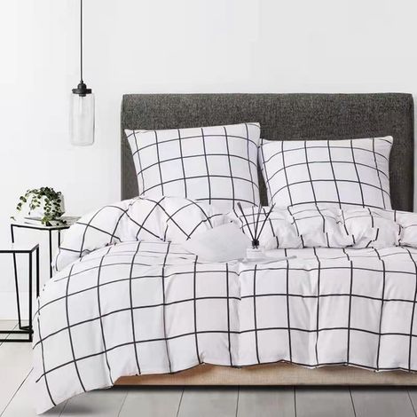 Parure de lit en coton à carreaux, Couette 1 Personne 135 x 200 cm, Draps Housses, Noir et Blanc, Motif Maison de Campagne, Housse de Couette et Taie d'Oreiller, avec Fermeture Éclair (1/5)