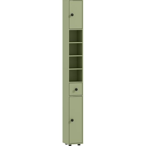 Armario de baño estrecho verde 20 x 20 x 180 cm con cajón y 4 estantes abiertos (1/5)