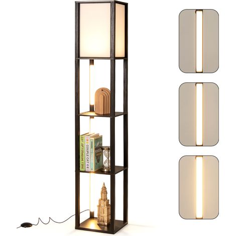 COSTWAY Modern Floor Lamp with Shelves Wood Shelf Lamp w/ 3 LED Strips