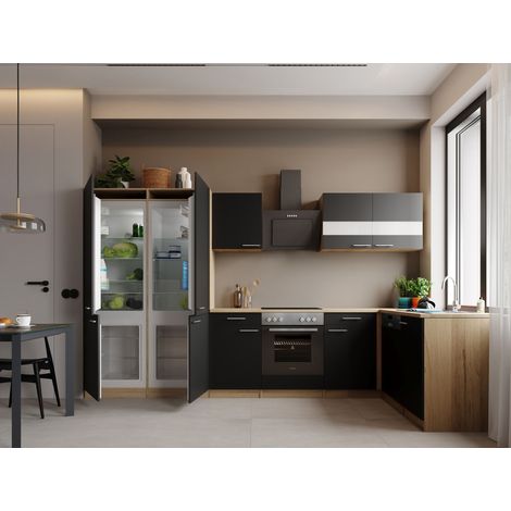 L Küche Einbau Winkelküche Eiche Schwarz Merle 340 cm French Door Optik Respekta