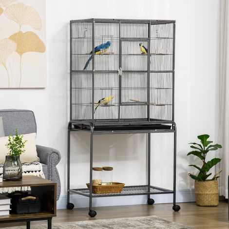 Cage Oiseaux Roues Volière Métallique Perchoirs Mangeoires Étagère Animaux Compagnie Noir Gris 81x48x162,5cm