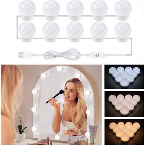 10 Lampe de Miroir LED Ampoules , USB Câble Réglable, 3 Couleurs et 5 Intensités, Lumière Miroir Adhesif