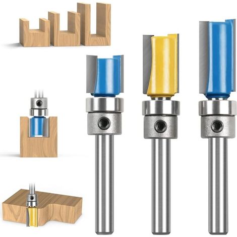 Fraise Defonceuse Droite, 3PCS 1/4" Mèches de Routeur en Bois de Carbure, D'embouts Toupie à Finition Affleurante à Motif, Outil de Fraise avec Roulement Supérieur Pour Menuisier Bricolage