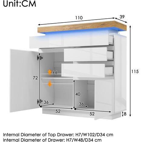 Commode buffet brillant 2 portes 3 tiroirs éclairage LED contrôle app armoire polyvalente salon chambre 115 x 110 x 39 cm blanc.