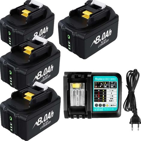 Akku für Elektrowerkzeuge, 8000 mAh Kapazität, kompatibel mit BL1830, 4 x 8,0 Ah, 1 x Ladegerät (1/2)