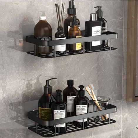 ZVD Estante de ducha, sin taladrar, cesta de aluminio para baño, color negro, soporte para champú, sin taladrar (2 unidades) (1/4)