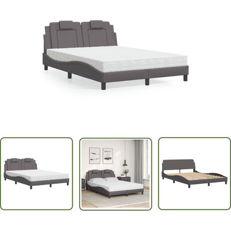 The Living Store Bett mit Matratze Grau 140x190 cm Kunstleder - Schlafzimmermöbel - Bettgestell - Doppelbett - Bettenrahmen - Kunstlederbett (1/5)