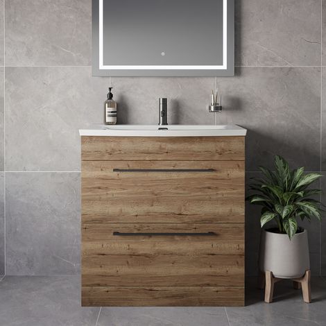 Napoli 390 Tobacco Oak 800mm 2 Drawer Vanity Unit with Arc Basin - 800mm - Gunmetal Grey 480mm Handle