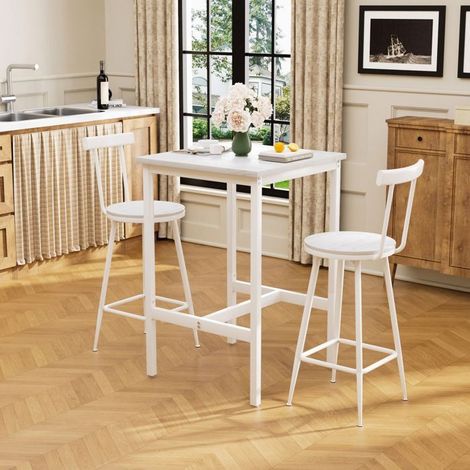 Ensemble Table et Chaises 60 x 60 x 92 cm 2 chaises ensemble table de bar patins de pied cadre métal style industriel blanc (1/5)