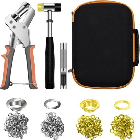 Pince à œillets magnétique professionnelle 10 mm, kit avec 200 œillets or‑noir, 1 mandrin acier, 1 rondelle, pour bâches, tissus, cuir et ceintures (1/5)