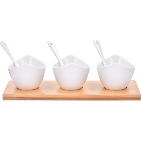Set di 3 ciotole in porcellana con vassoio per salse, colore bianco bambù, Duka (1/5)