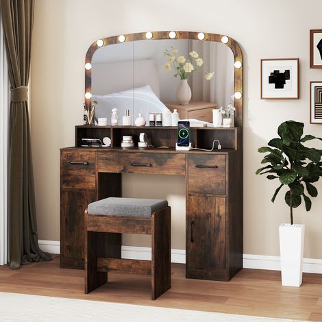 Costway – Coiffeuse avec miroir lumineux – 3 couleurs d'éclairage – Station de charge intégrée – Rangement optimisé – Dimensions 108 x 40 x 149 cm (1/5)