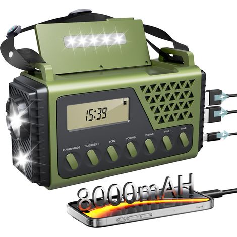 Radio à manivelle solaire 8000 mAh, chargeur USB pour téléphone, boussole, écran, lampe de poche, radio FM d'urgence (1/5)